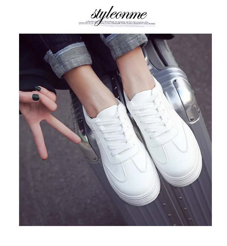 Women's White Flat Sneakers Outdoor Soft Lace Up Jogging Shoes for Student Split Leather Comfortable Women Chunky Sneaker